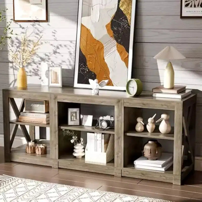 Meuble TV pour Téléviseur 70 Pouces, Meuble TV de Ferme avec Rangement, Chêne Gris