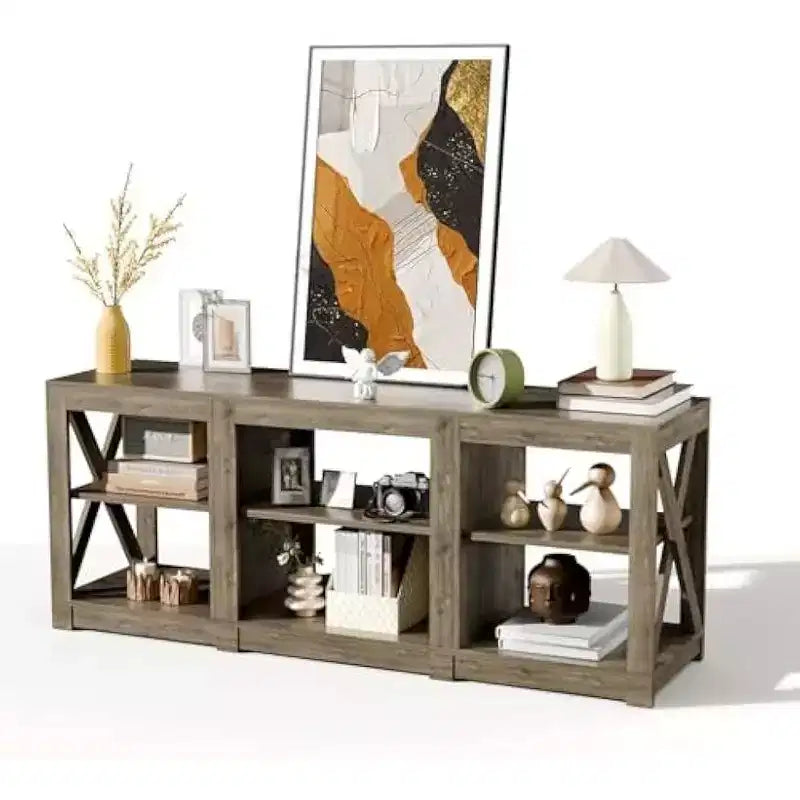 Meuble TV pour Téléviseur 70 Pouces, Meuble TV de Ferme avec Rangement, Chêne Gris