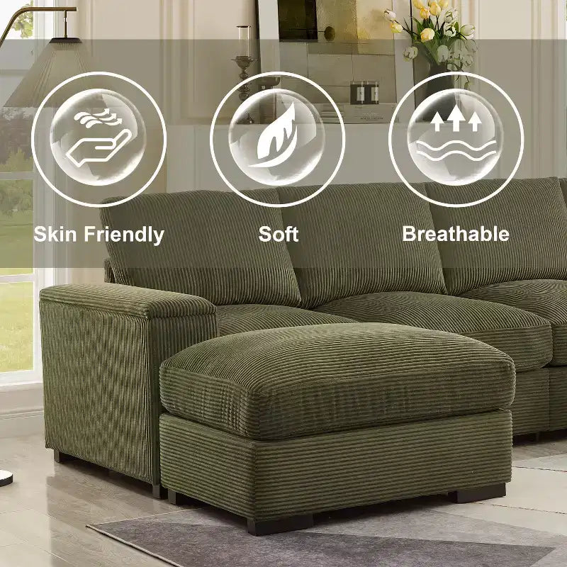 Canapé d'angle vert à assise profonde avec poufs pour 4 personnes