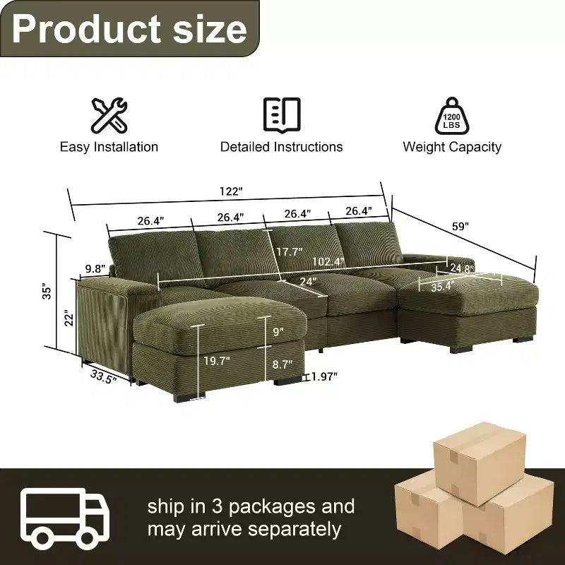 Canapé d'angle vert à assise profonde avec poufs pour 4 personnes