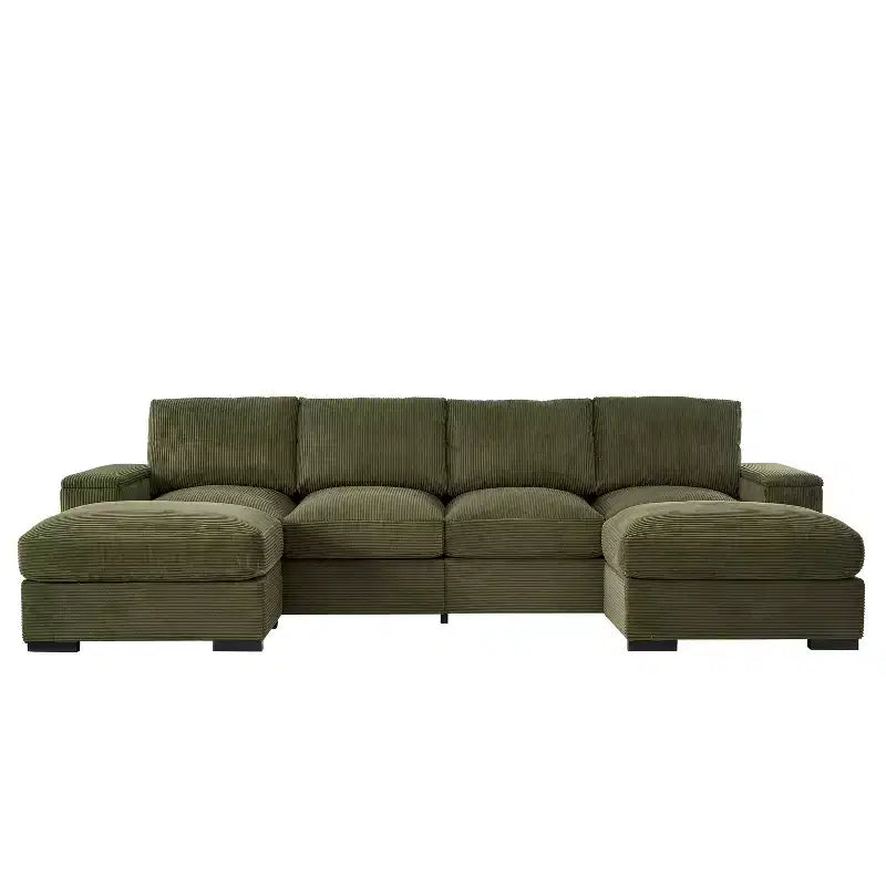Canapé d'angle vert à assise profonde avec poufs pour 4 personnes