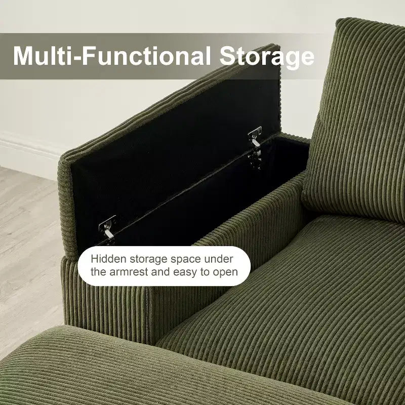 Canapé d'angle vert à assise profonde avec poufs pour 4 personnes