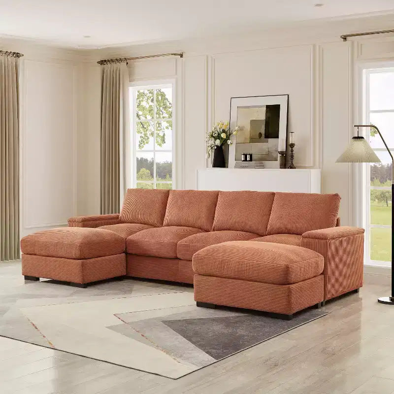Canapé d'angle vert à assise profonde avec poufs pour 4 personnes