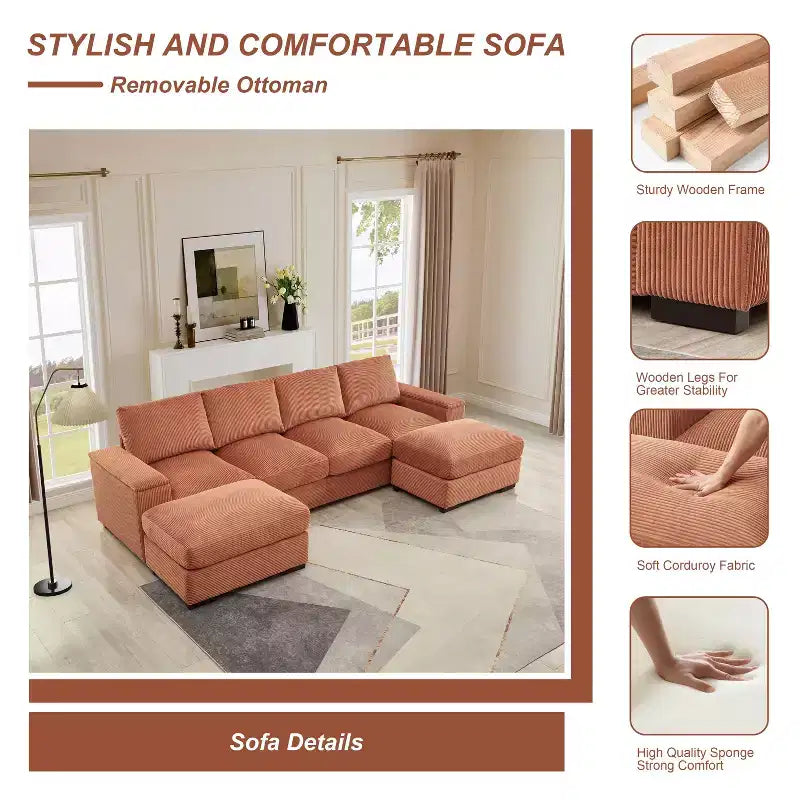 Canapé d'angle vert à assise profonde avec poufs pour 4 personnes