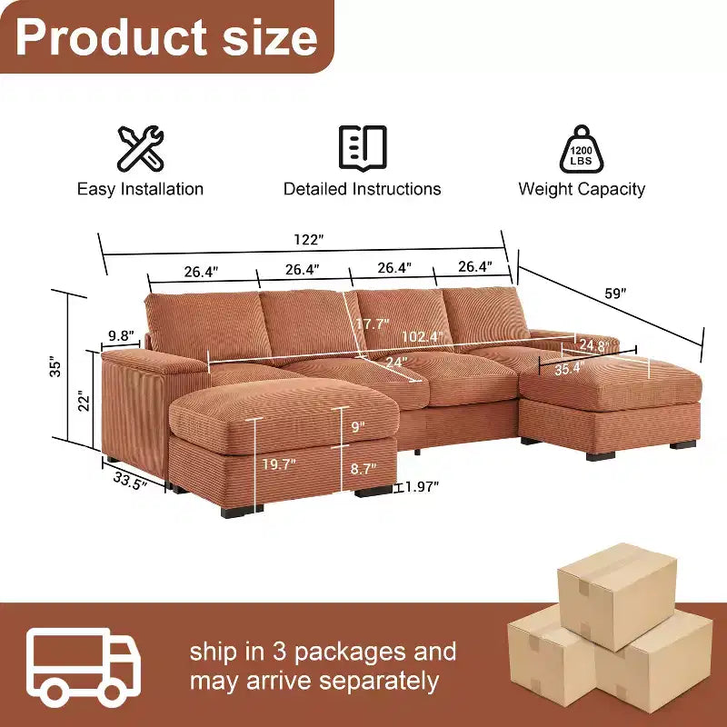 Canapé d'angle vert à assise profonde avec poufs pour 4 personnes