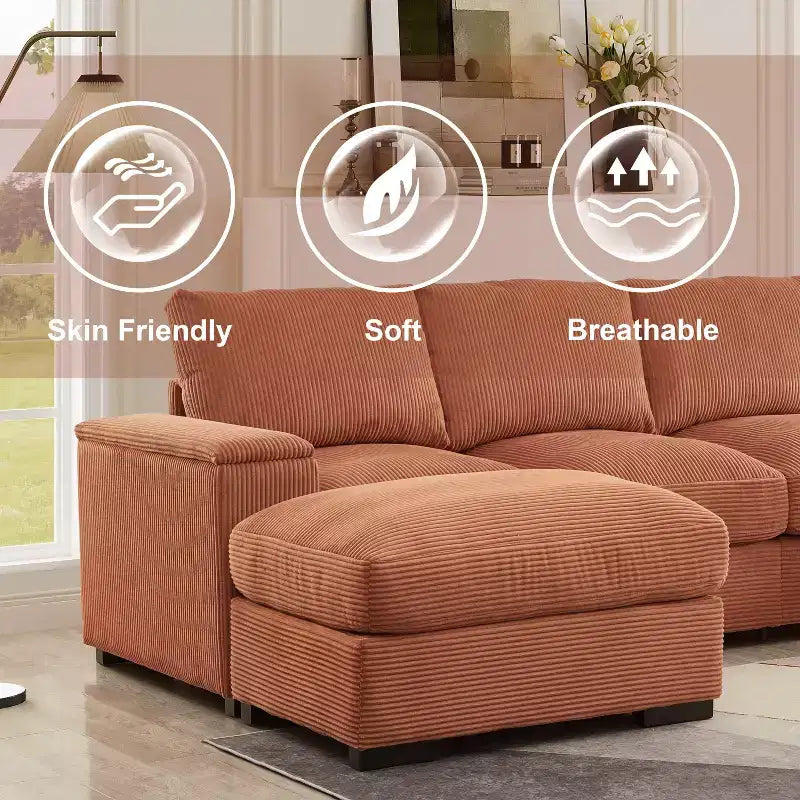 Canapé d'angle vert à assise profonde avec poufs pour 4 personnes
