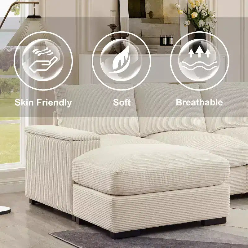 Canapé d'angle vert à assise profonde avec poufs pour 4 personnes
