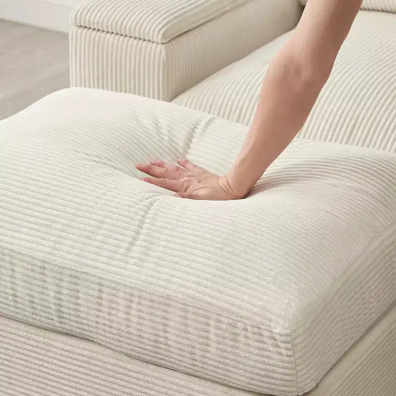 Canapé d'angle vert à assise profonde avec poufs pour 4 personnes