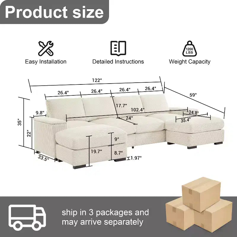 Canapé d'angle vert à assise profonde avec poufs pour 4 personnes