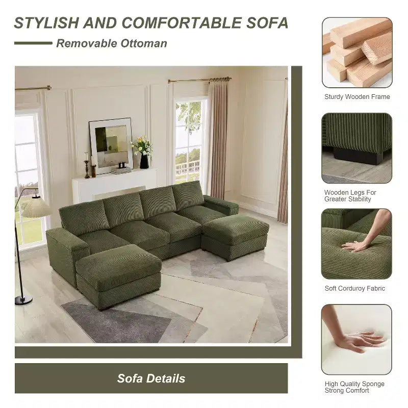 Canapé d'angle vert à assise profonde avec poufs pour 4 personnes