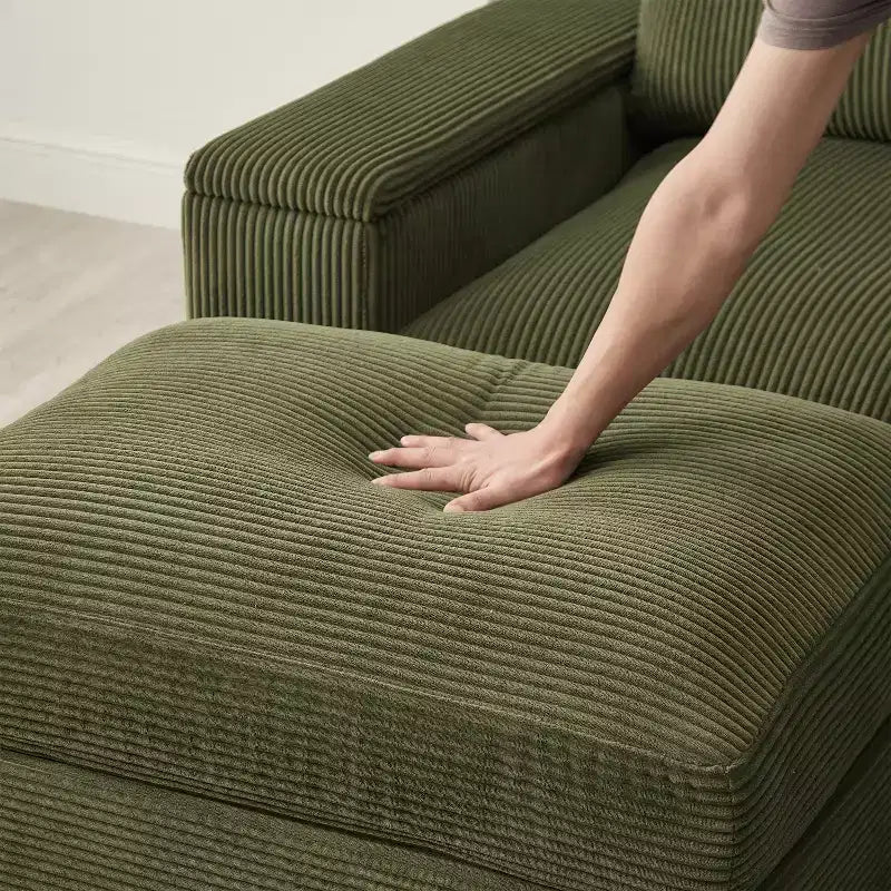 Canapé d'angle vert à assise profonde avec poufs pour 4 personnes