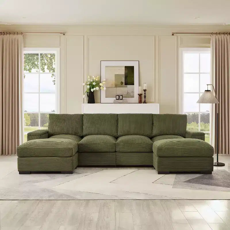 Canapé d'angle vert à assise profonde avec poufs pour 4 personnes