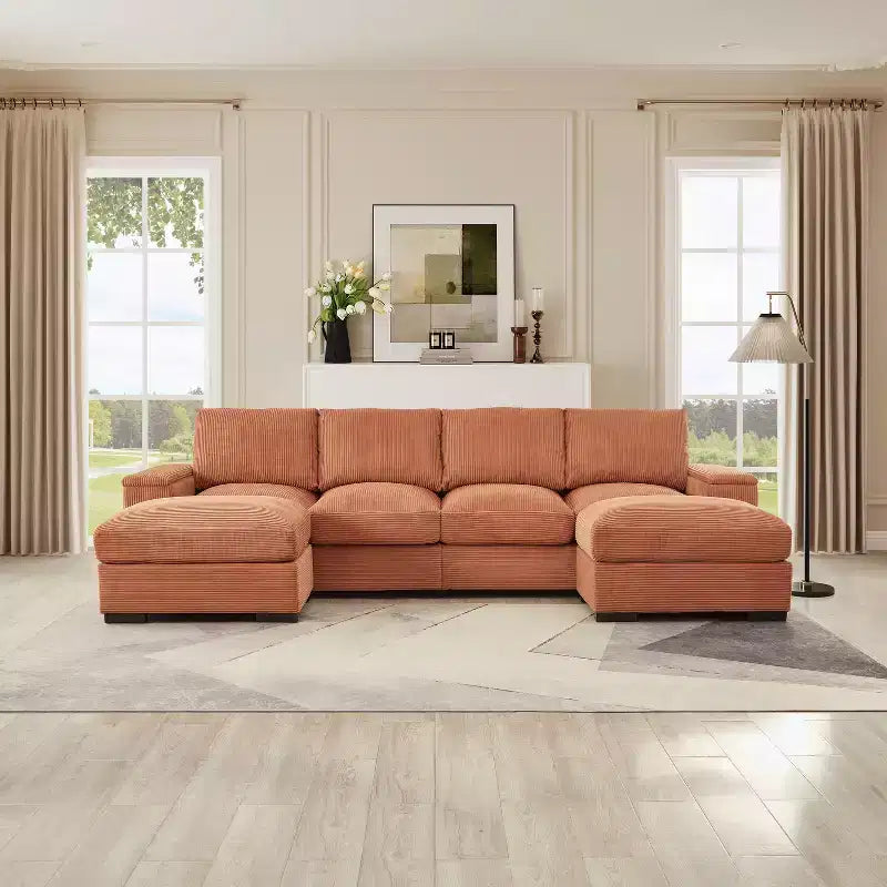 Canapé d'angle vert à assise profonde avec poufs pour 4 personnes