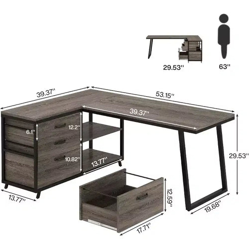 Bureau d'angle en L de 135 cm, bureau d'ordinateur réversible avec 3 tiroirs classeurs et 2 étagères de rangement pour bureau à domicile, salle de jeux, gris
