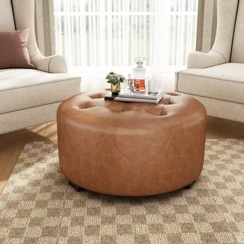 Pouf rond capitonné, repose-pieds rembourré en PU/lin avec pieds en bois de bouleau