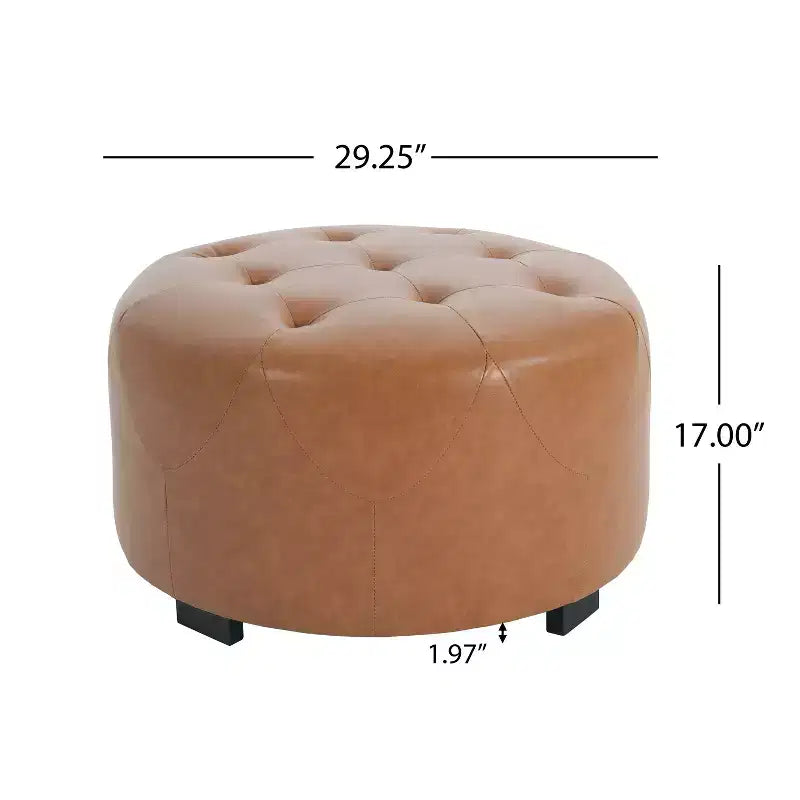 Pouf rond capitonné, repose-pieds rembourré en PU/lin avec pieds en bois de bouleau