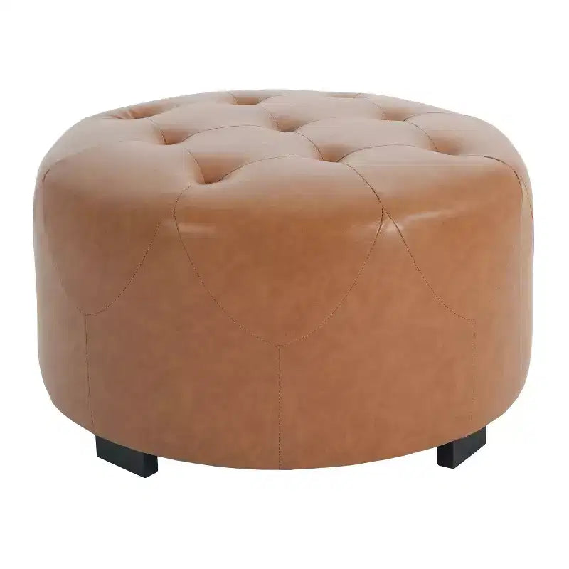 Pouf rond capitonné, repose-pieds rembourré en PU/lin avec pieds en bois de bouleau