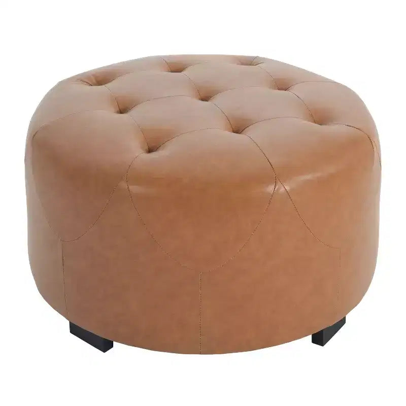 Pouf rond capitonné, repose-pieds rembourré en PU/lin avec pieds en bois de bouleau