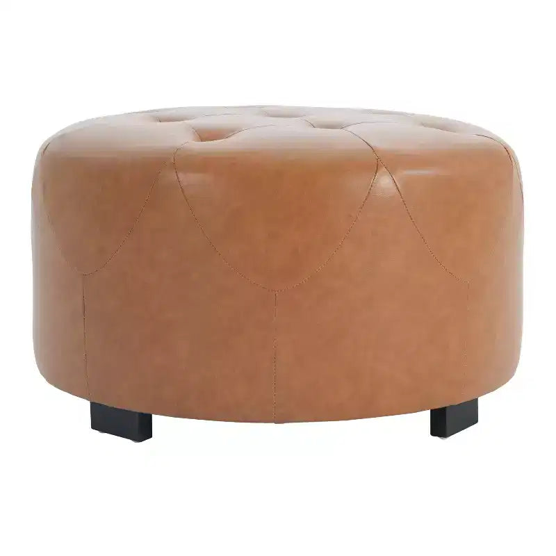 Pouf rond capitonné, repose-pieds rembourré en PU/lin avec pieds en bois de bouleau