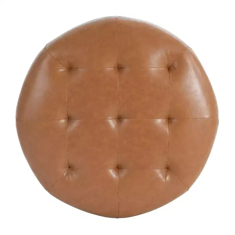 Pouf rond capitonné, repose-pieds rembourré en PU/lin avec pieds en bois de bouleau