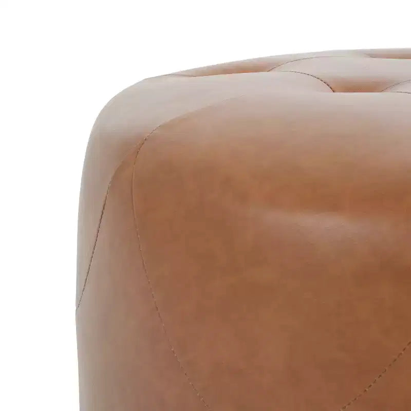 Pouf rond capitonné, repose-pieds rembourré en PU/lin avec pieds en bois de bouleau