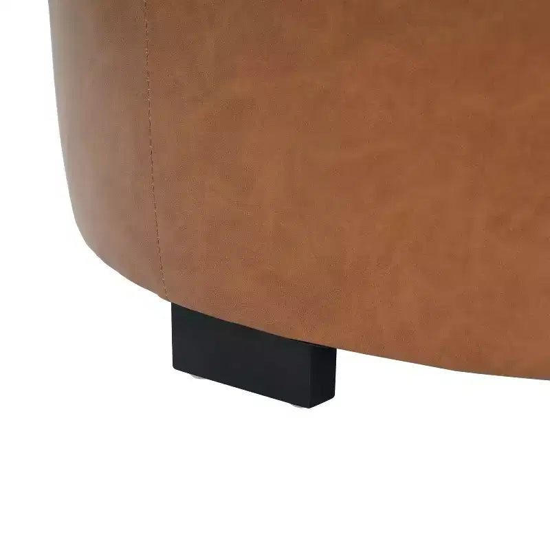 Pouf rond capitonné, repose-pieds rembourré en PU/lin avec pieds en bois de bouleau