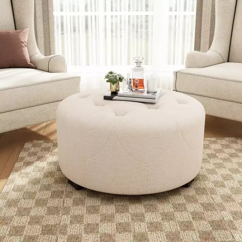 Pouf rond capitonné, repose-pieds rembourré en PU/lin avec pieds en bois de bouleau