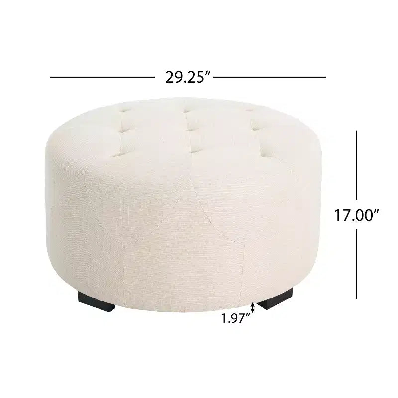 Pouf rond capitonné, repose-pieds rembourré en PU/lin avec pieds en bois de bouleau