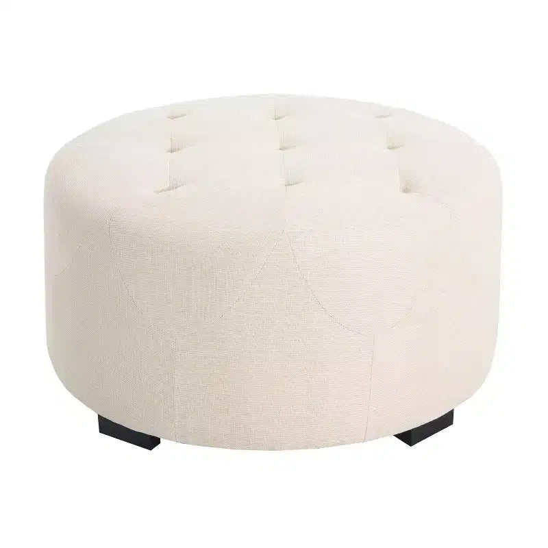 Pouf rond capitonné, repose-pieds rembourré en PU/lin avec pieds en bois de bouleau