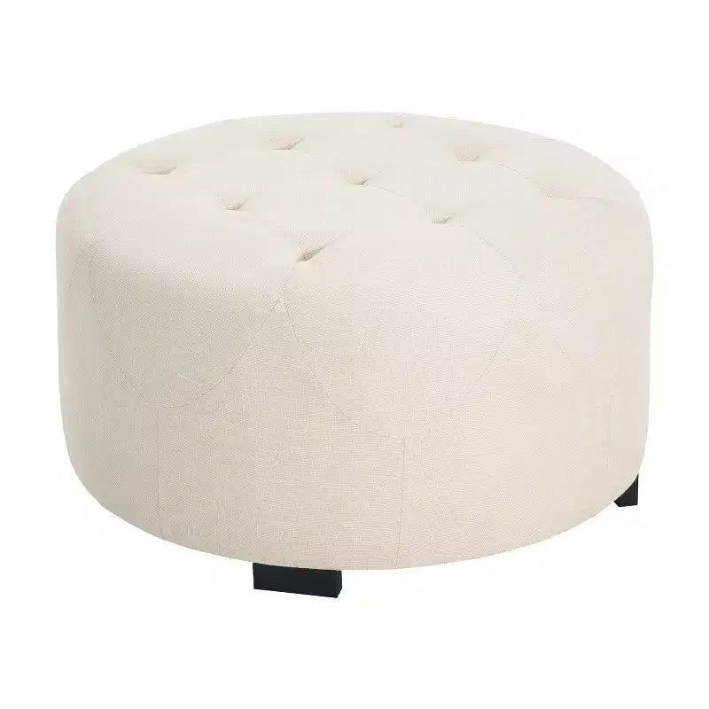 Pouf rond capitonné, repose-pieds rembourré en PU/lin avec pieds en bois de bouleau