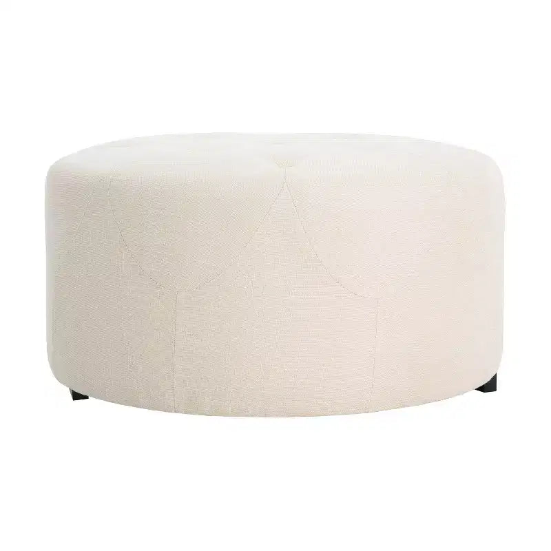 Pouf rond capitonné, repose-pieds rembourré en PU/lin avec pieds en bois de bouleau