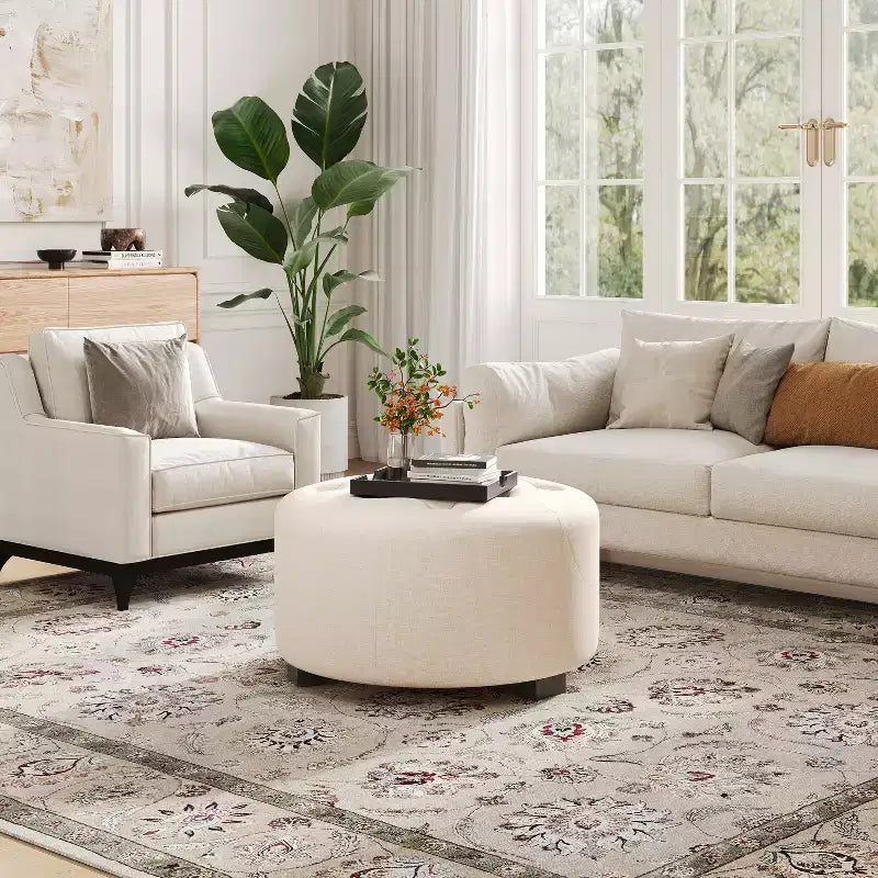 ModernLuxe Round Button Tufted Ottoman, PU/Linen Upholstered Footstool with Birch Wood Legs
