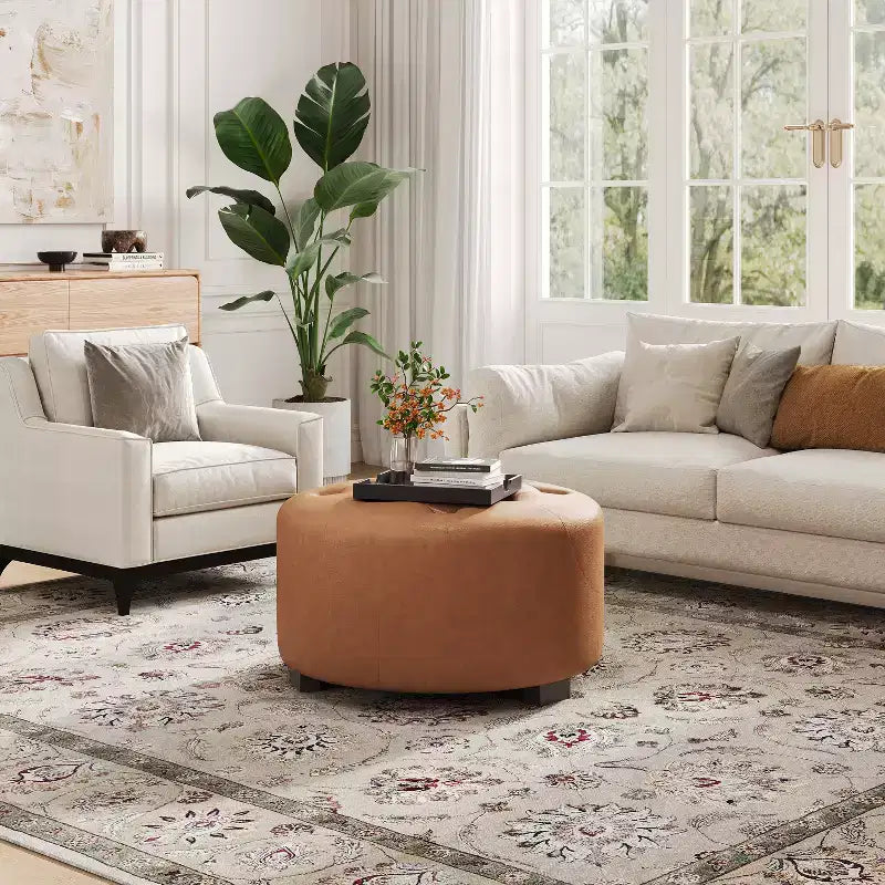 Pouf rond capitonné, repose-pieds rembourré en PU/lin avec pieds en bois de bouleau