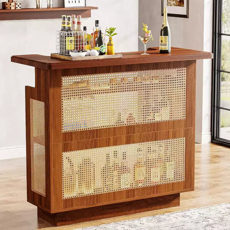 Lantine Rattan Home Bar Unit, Farmhouse 4-Tier Bar Table with 4 Stemware Racks , Caramel Brown