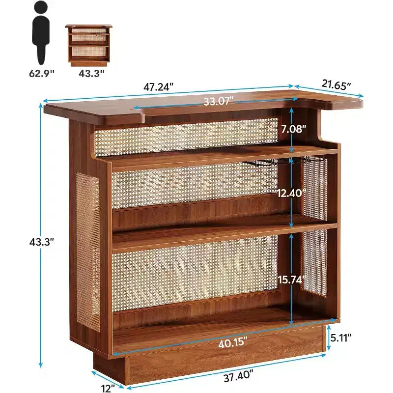 Meuble de bar en rotin, table de bar de ferme à 4 niveaux avec 4 porte-verres, marron caramel