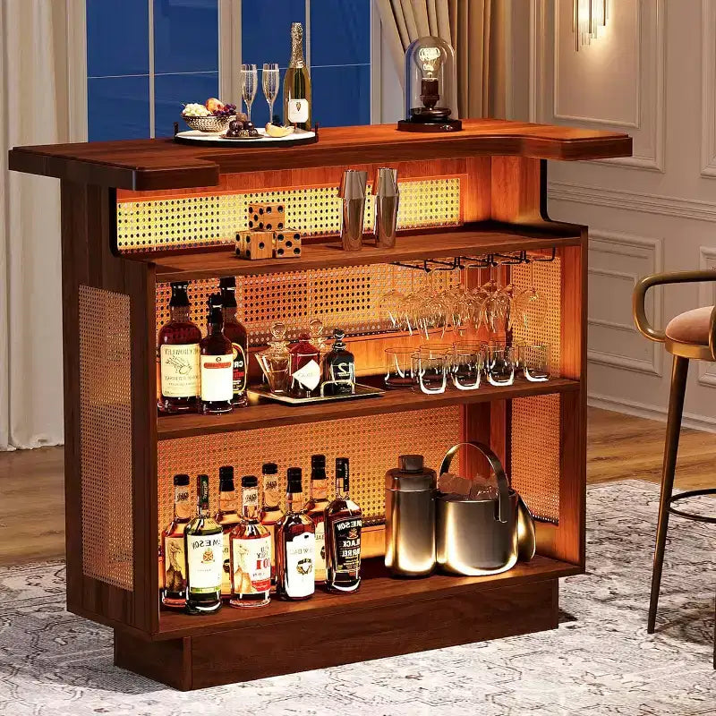 Meuble de bar en rotin, table de bar de ferme à 4 niveaux avec 4 porte-verres, marron caramel