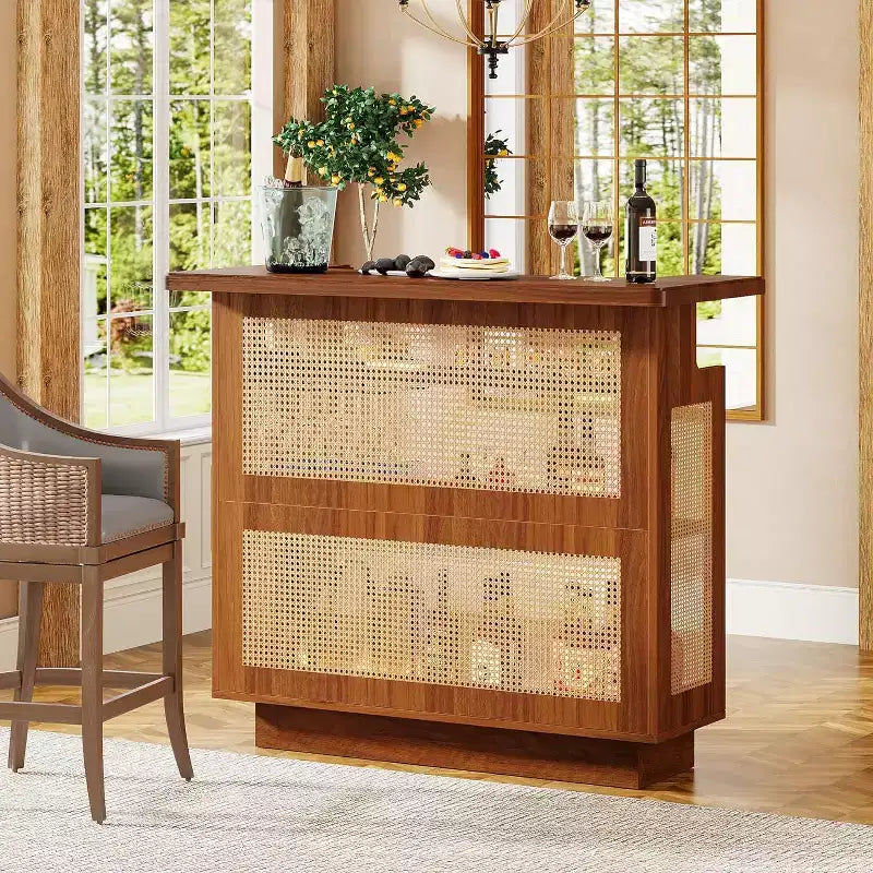 Meuble de bar en rotin, table de bar de ferme à 4 niveaux avec 4 porte-verres, marron caramel