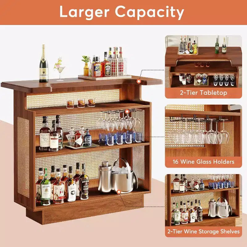 Meuble de bar en rotin, table de bar de ferme à 4 niveaux avec 4 porte-verres, marron caramel