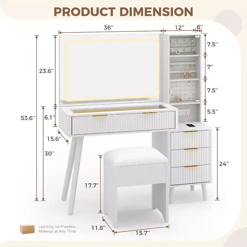 Coiffeuse cannelée de 122 cm avec grand miroir éclairé, station de charge et tabouret de rangement rembourré pour chambre à coucher