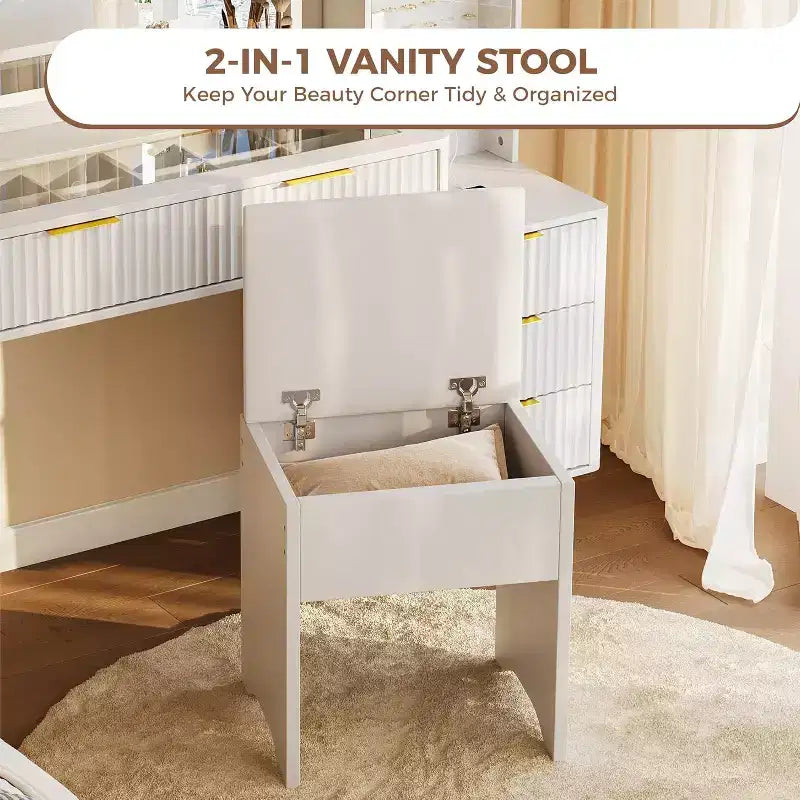 Coiffeuse cannelée de 122 cm avec grand miroir éclairé, station de charge et tabouret de rangement rembourré pour chambre à coucher