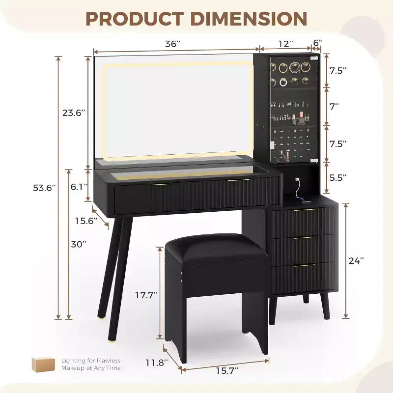 Coiffeuse cannelée de 122 cm avec grand miroir éclairé, station de charge et tabouret de rangement rembourré pour chambre à coucher