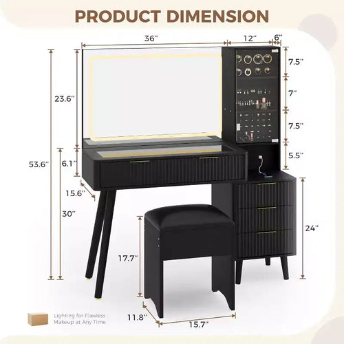 Coiffeuse cannelée de 122 cm avec grand miroir éclairé, station de charge et tabouret de rangement rembourré pour chambre à coucher