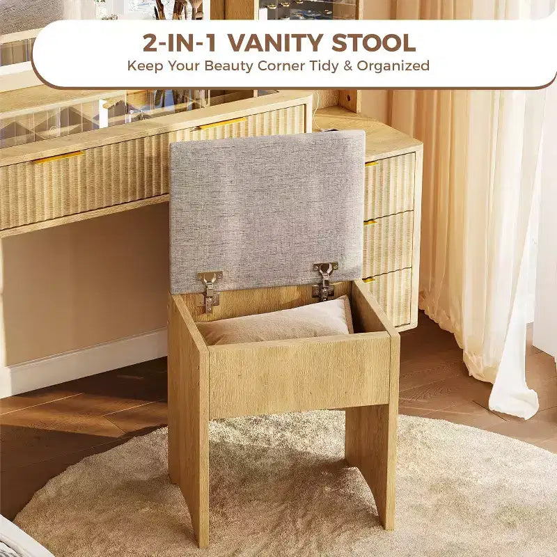 Coiffeuse cannelée de 122 cm avec grand miroir éclairé, station de charge et tabouret de rangement rembourré pour chambre à coucher