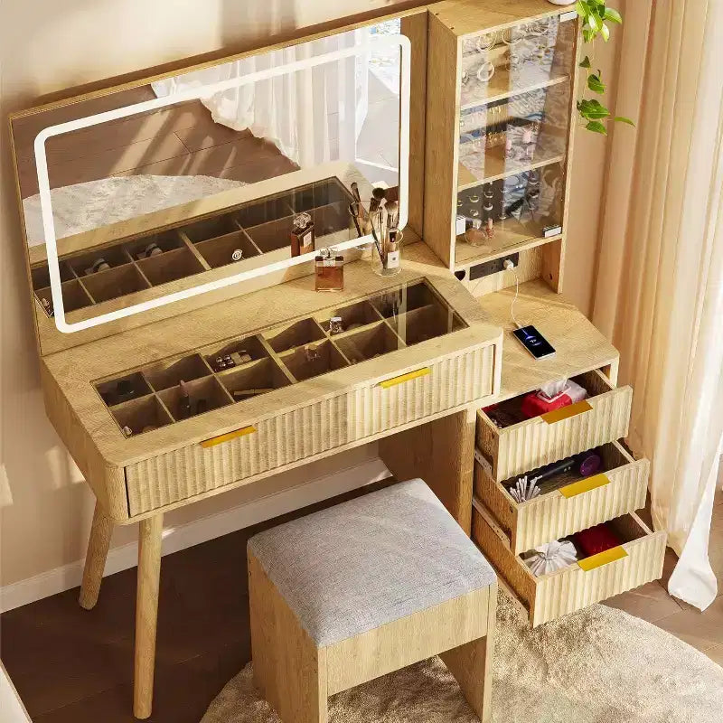 Coiffeuse cannelée de 122 cm avec grand miroir éclairé, station de charge et tabouret de rangement rembourré pour chambre à coucher