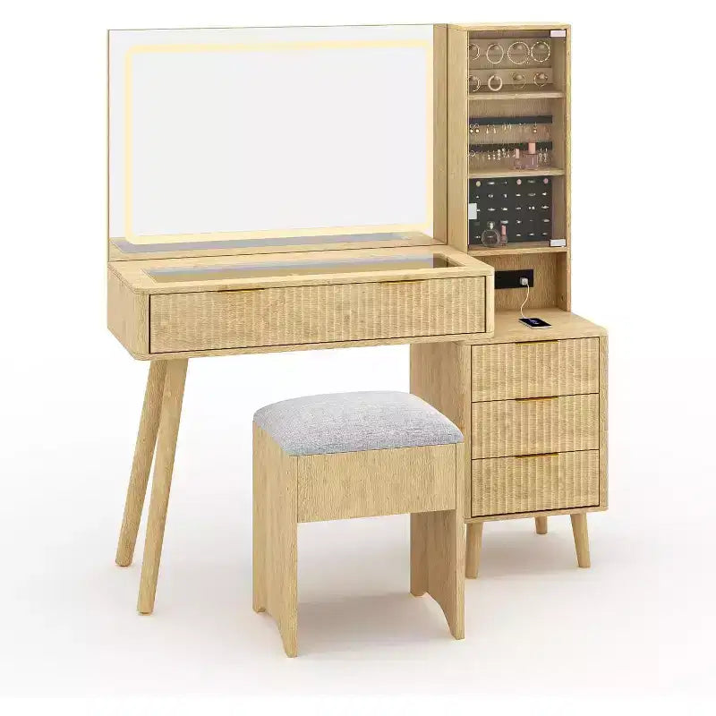 Coiffeuse cannelée de 122 cm avec grand miroir éclairé, station de charge et tabouret de rangement rembourré pour chambre à coucher