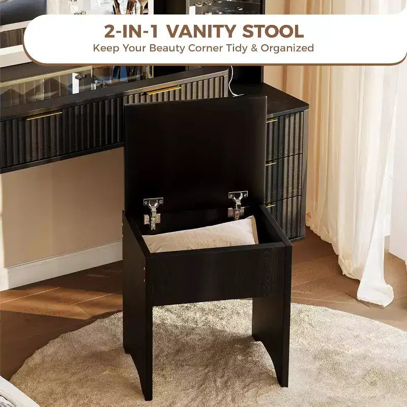Coiffeuse cannelée de 122 cm avec grand miroir éclairé, station de charge et tabouret de rangement rembourré pour chambre à coucher