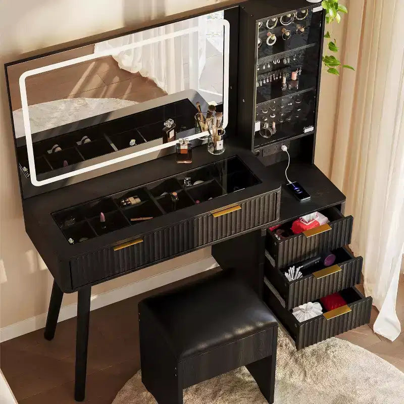 Coiffeuse cannelée de 122 cm avec grand miroir éclairé, station de charge et tabouret de rangement rembourré pour chambre à coucher
