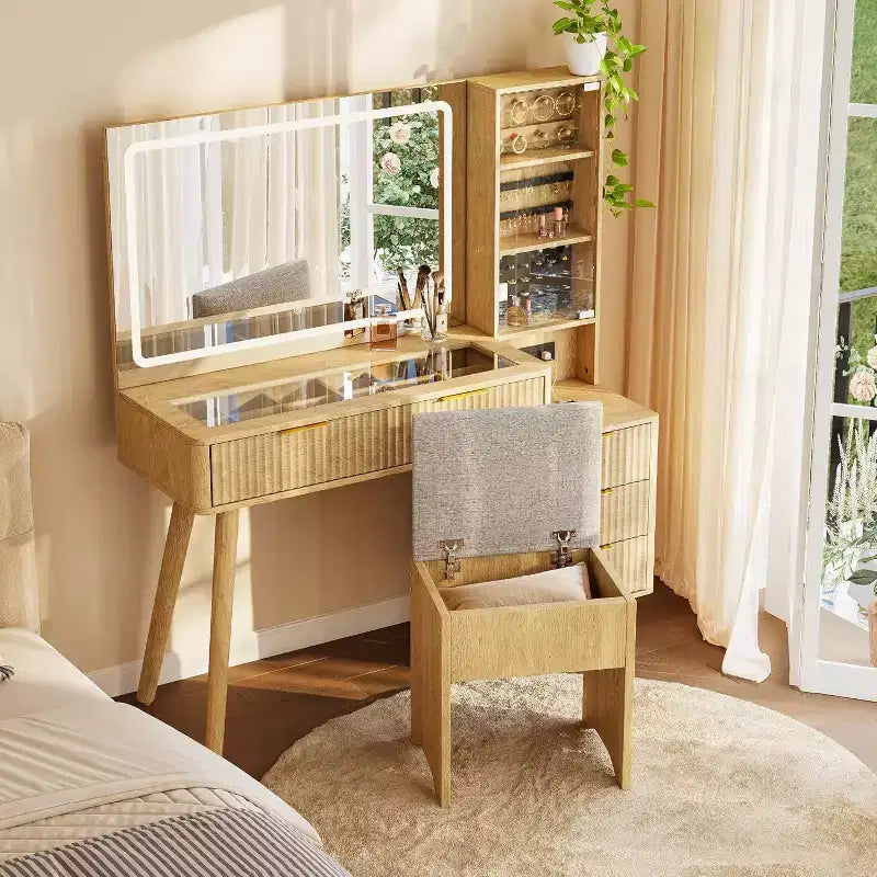 Coiffeuse cannelée de 122 cm avec grand miroir éclairé, station de charge et tabouret de rangement rembourré pour chambre à coucher