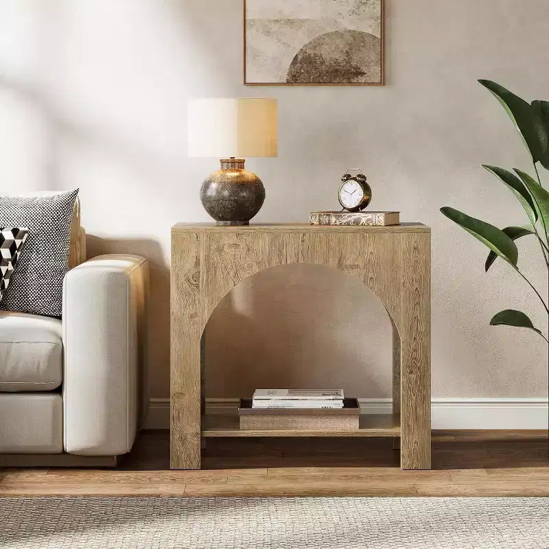 Table d'appoint de ferme : Piédestal en bois robuste et grand, rangement, pour salon/chambre, meuble d'appoint, chêne clair.