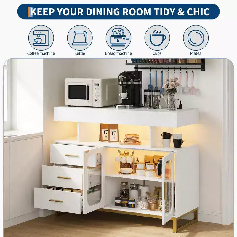 Buffet bahut moderne avec lumières LED RVB à détecteur automatique et station de recharge intégrée, table de bar à café avec rangement, 3 tiroirs et 2 portes